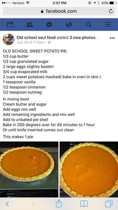 two pictures showing how to make an old school sweet potato pie with the recipe below