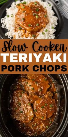 slow cooker teriyaki pork chops with rice and green onions on the side