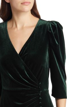 Chelsea28 Faux Wrap Velvet Midi Cocktail Dress | Nordstrom Petite Party Dress, The Year Of Me, Green Dress Outfit, Forest Green Dresses, Cocktail Dress Nordstrom, Leg Of Mutton Sleeve, Velvet Dress Designs, Velvet Wrap Dress, Velour Dress