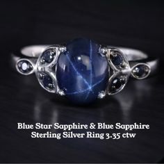 Fab Gemstone Alert! Blue Star Sapphire & Blue Sapphire Ring 3.35 Ctw. Crafted In Platinum Over Sterling Silver, This Blue Star Sapphire Has A Celestial Look With A Beauty Never Seen Before This Gem! It’s Prong-Set And The Blue Star Sapphire Is Accentuated By Shimmering Blue Sapphires Along The Shank. The Mesmerizing Play Of Light And Color Makes This Ring A Timeless Addition To Any Jewelry Collection. Details Oval Shape Blue Star Sapphire In The Center Displays A Six-Pointed Star Pattern Radiati Star Sapphire Engagement Ring, Blue Gem Ring, Unique Sapphire Rings, Star Sapphire Ring, Blue Star Sapphire, Prong Ring, Blue Sapphire Ring, Star Sapphire, Gem Ring