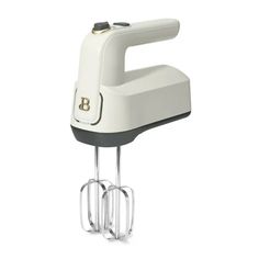 a white and black hand mixer on a white background with the letter b in it's center