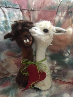 two stuffed animals sitting next to each other on a floral print couch cushion, one is holding a red heart