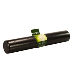 a black yoga mat with a green label on it