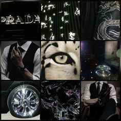 a collage of photos with the words prada written in white letters and pictures of tiger's eyes