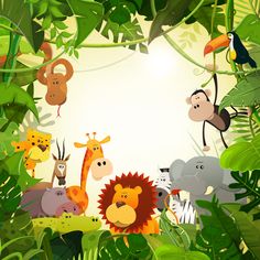 cartoon jungle scene with many different animals in the forest and an empty space for text