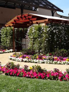 an outdoor area with flowers and a gazebo