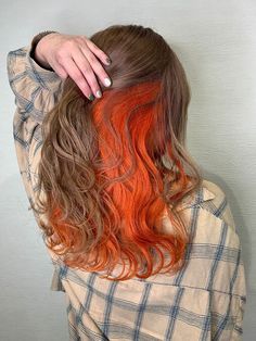 Orange Peak A Boo Hair, Brown Hair Peekaboo Color, Peekaboo Hair Color Orange, Orange Underneath Hair, Underlayer Hair Dye, Ginger Peekaboo Hair, Orange And Brown Hair