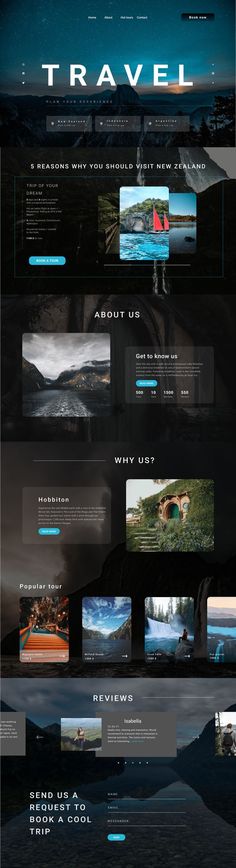 the website design for travel company is shown in black and blue colors, with an image of