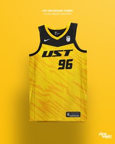 a yellow jersey with the number 98 on it is hanging from a racket in front of a yellow background