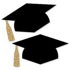 two black graduation caps with gold tassels on them, one is in the shape of a graduate's cap