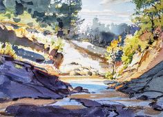 a watercolor painting of trees and rocks