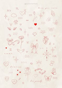 the back side of a piece of paper with hearts and symbols drawn on it's sides