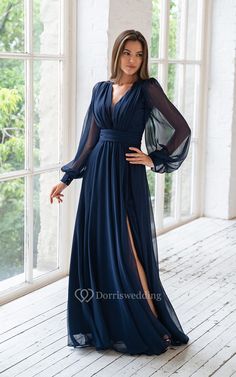 A-Line V-neck Long Ilusion Sleeve Empire Floor Length Chiffon Dress with Split Front - Dorris Wedding Blue V-neck Dress With Sheer Sleeves, Fitted Long Sleeve Chiffon V-neck Dress, Fitted Sheer V-neck Chiffon Dress, Chiffon V-neck Cocktail Dress, Elegant Sheer V-neck Dresses, Fitted Chiffon Dress With Surplice Neckline, Sheer V-neck Maxi Dress For Formal Occasions, Blue Chiffon Dress With Sheer Sleeves, V-neck Chiffon Dress For Evening