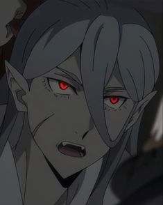 an anime character with red eyes and grey hair, staring at the camera while standing in front of another character