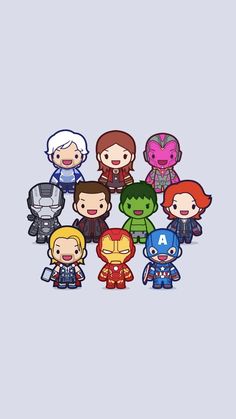 the avengers and iron man cartoon characters are all lined up in a row on a blue background