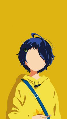 an anime character with blue hair holding a cell phone and wearing a yellow hoodie