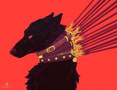 a black dog with gold spikes on its head and collar, standing in front of a red background