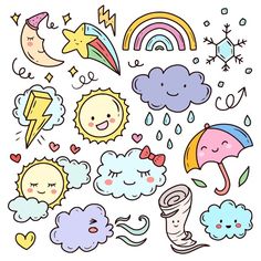 the sun, clouds, stars and umbrellas are all drawn in this doodle style