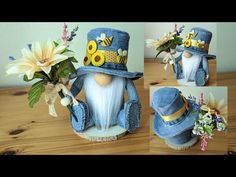 a gnome with a hat and flowers in his hand