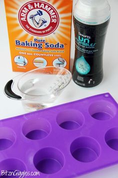 the ingredients to make homemade baking sodas are displayed on a white counter top, including an egg carton and cupcake pan