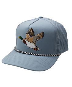 a blue hat with a duck on the front and an embroidered bird on the side