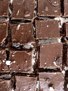 chocolate squares with white icing on them sitting in the middle of a tile floor