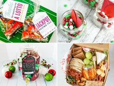 four different pictures with candy, candies, and other holiday treats in glass jars