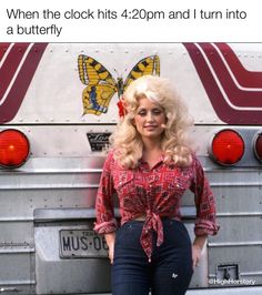 a woman standing in front of a bus with the caption, when the clock hits 4 20pm and i turn into a butterfly