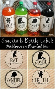 several bottles with labels on them that say, stocktails bottle labels halloween printables