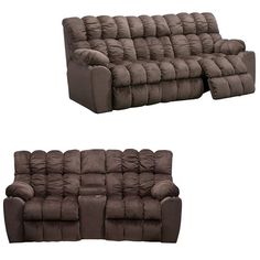 two couches with recliners sitting next to each other on a white background