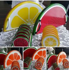 four different pictures of oranges, watermelon and lemon slices on a table