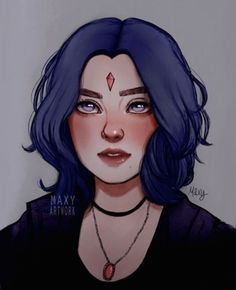 a drawing of a woman with blue hair and piercings on her forehead, wearing a black shirt