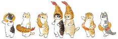 several cats are standing in a row with their tails up