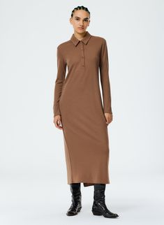 Wool Jersey Polo Shirtdress Luxury Long Sleeve Shirt Dress With Pockets, Beige Long Sleeve Cotton Shirt Dress, Fitted Beige Wool Dress, Khaite Sloan Draped Jersey Dress, Chic Stretch A-line Sweater Dress, Rugby Shorts, Silk Cape, Tie Neck Dress, Grey Agate