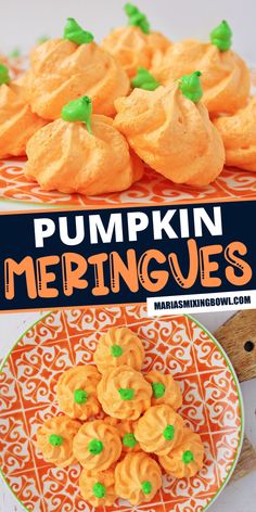 pumpkin meringue cookies on a plate with the words pumpkin meringues above them