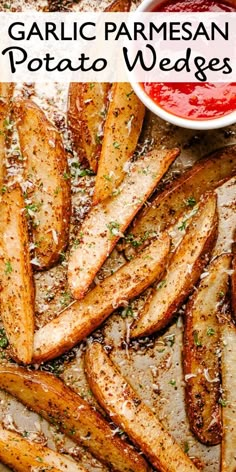 garlic parmesan potato wedges with ketchup on the side