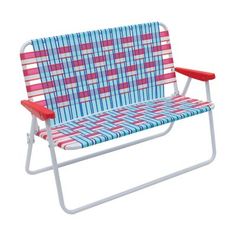 a red, white and blue lawn chair with plaid fabric on the armrests