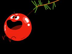 a cartoon cherry hanging from a tree branch with its mouth open and tongue wide open