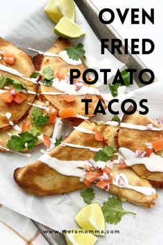 mexican fried potato tacos with cilantro, lime and mayonnaise drizzled on top