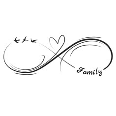 the word family written in black ink on a white background with birds flying around it