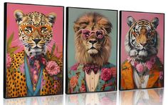 three paintings of leopards wearing glasses and suits with pink flowers in front of them