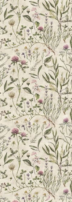 a floral wallpaper with many different flowers and leaves on white background, including green stems