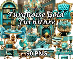 turquoise and gold furniture is featured in this advert for an upcoming home decor store