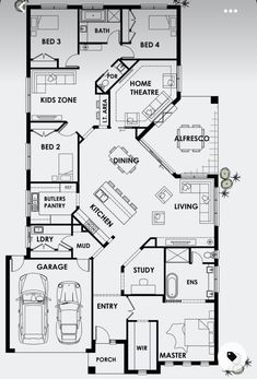 the floor plan for a two story house with three car garages and living areas