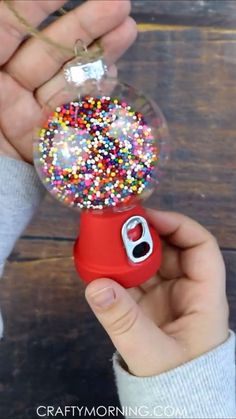 a person is holding a snow globe with sprinkles on it