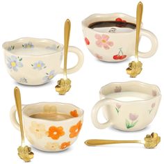 four teacups with spoons and cups decorated with flowers