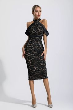 Showcasing sexy and elegant attire is our Madelynn Black Floral Halter Midi Dress. Comfortable fabric cinches for a slim fit. Halter neck design adds uniqueness. Draped side straps tie at the bust and drape over the arms for a chic look. Perfect for cocktails, weddings, or parties. Complete the look with heels and sparkly earrings.  Dress Length: Approx 105cm Materials: Spandex Gentle Dry Clean Only  Model is 5 ft 7 and wears size S  Colour may vary due to lighting on images. The product images Glitter Wedding Dress, Black Lace Midi Dress, Designer Midi Dresses, Dress Comfortable, Elegant Attire, Bandage Midi Dress, Halter Midi Dress, Floral Shirt Dress, Sparkly Earrings