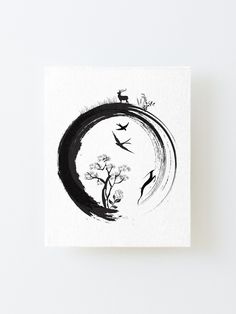 a black and white painting with birds flying in the sky over a tree on top of a hill