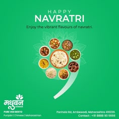 an advertisement for navratiri with different types of food in the middle and green background