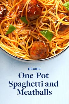 spaghetti and meatballs are served in a bowl